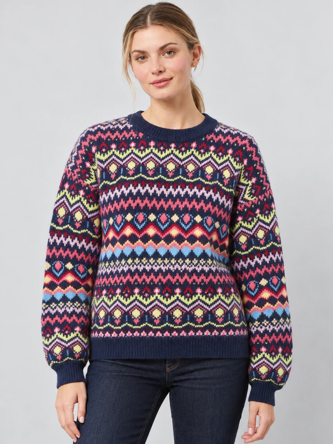 Navy long-sleeve crew-neck sweater with colorful horizontal geometric bands