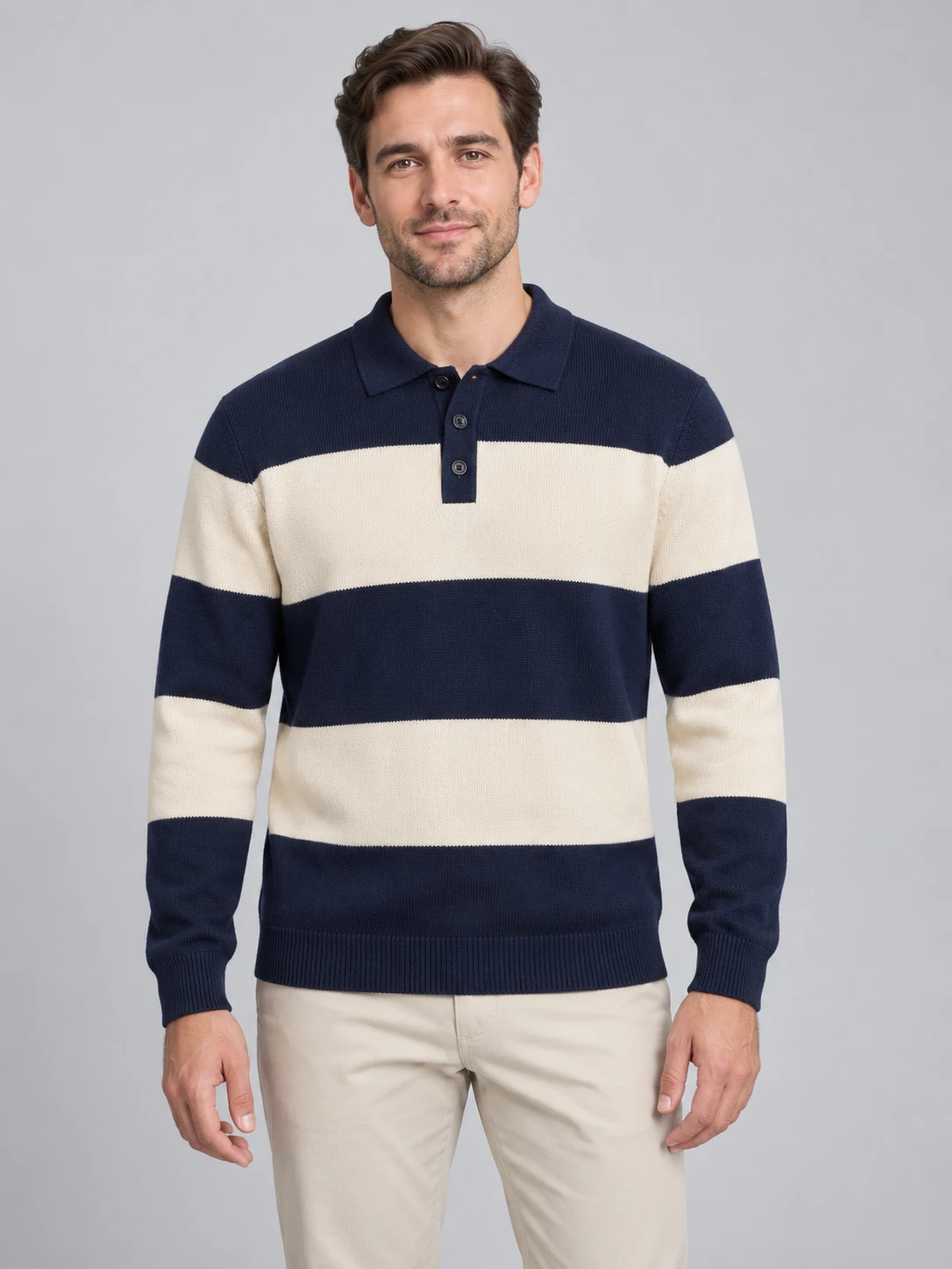 AI design concept of a man wearing a navy and ivory wide-striped long-sleeve knit polo with three buttons